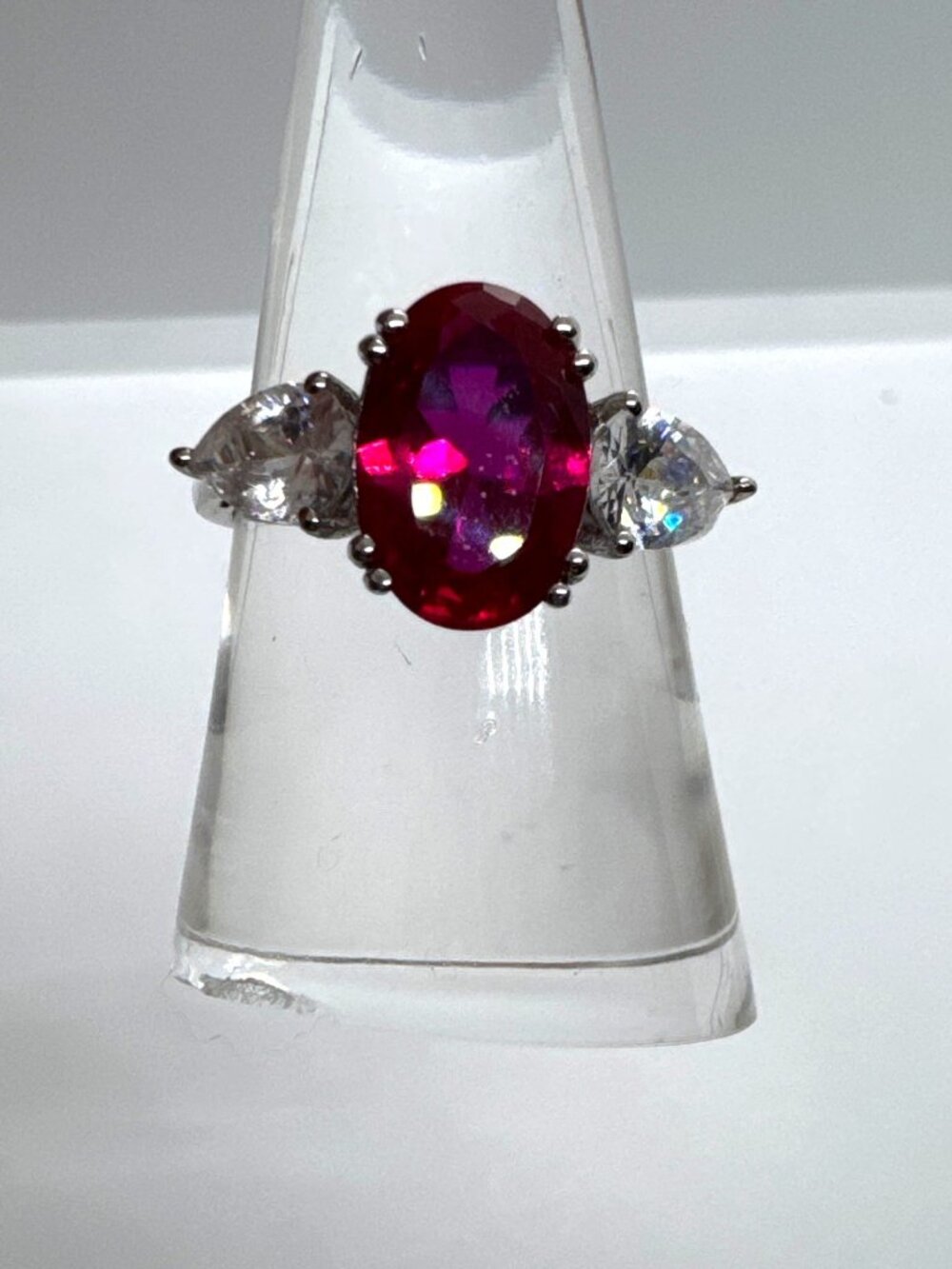 Sterling Silver 925 Ruby Red Oval Ring 3 Stone CZ Pear Sides Size 8 July Promise